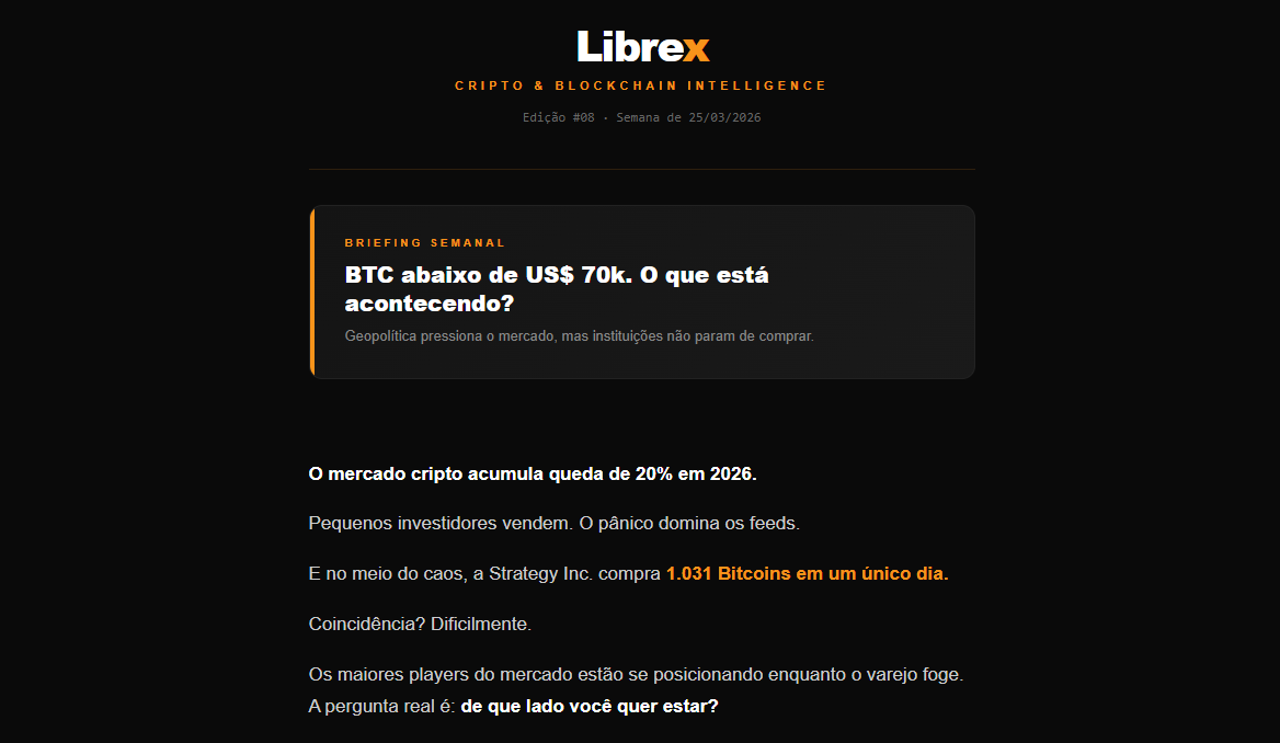 Newsletter semanal desenvolvida para a Librex, com curadoria de conteúdos sobre cripto e blockchain. O objetivo foi traduzir movimentos complexos do mercado em uma comunicação clara, estratégica e acionável, conectando contexto macro com oportunidade
