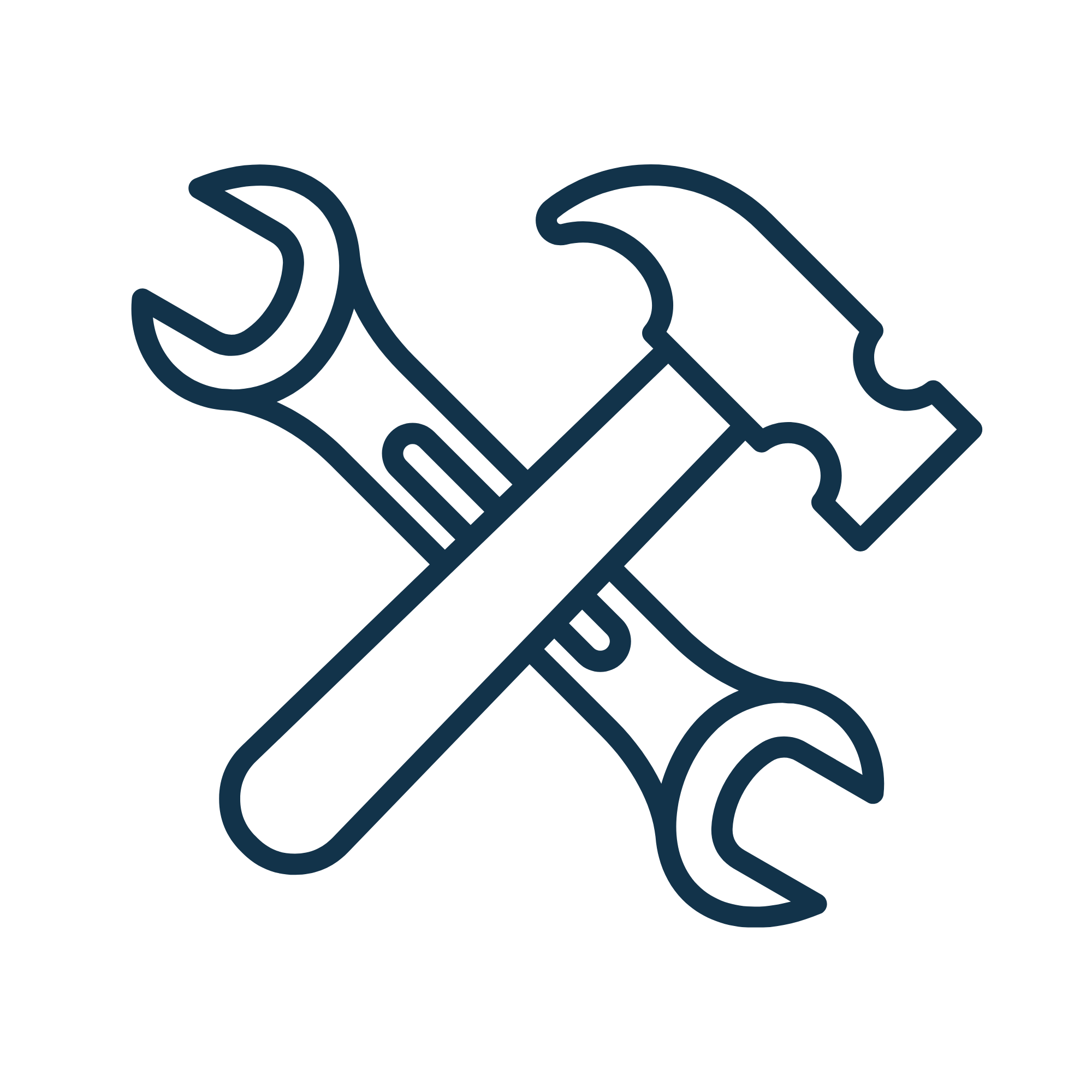 Outline icon of a crossed wrench and hammer, representing tools or repair.