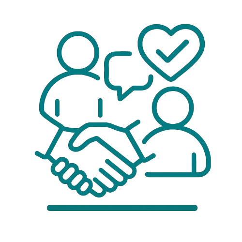 Line drawing of two people shaking hands, with speech bubbles, a heart with a checkmark, indicating agreement or positive communication.