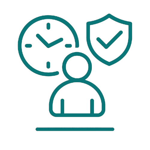 Icon of a person with a clock and shield representing time management and security.