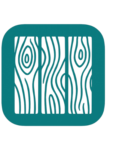 Stylized wood grain pattern in black on a teal square background.