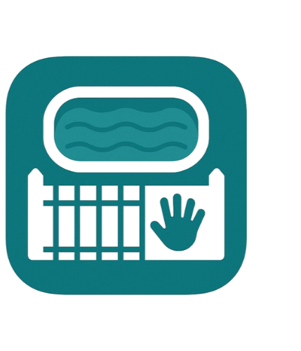 Illustration of a pool with a wave pattern, a hand pressing a button, and a grid of controls.
