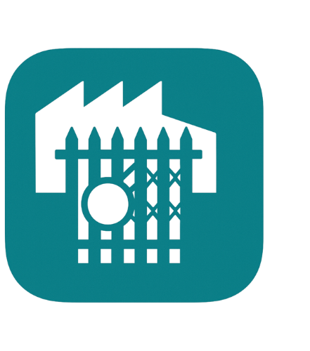 Icon of a factory with a fence in front, representing industrial or manufacturing safety.