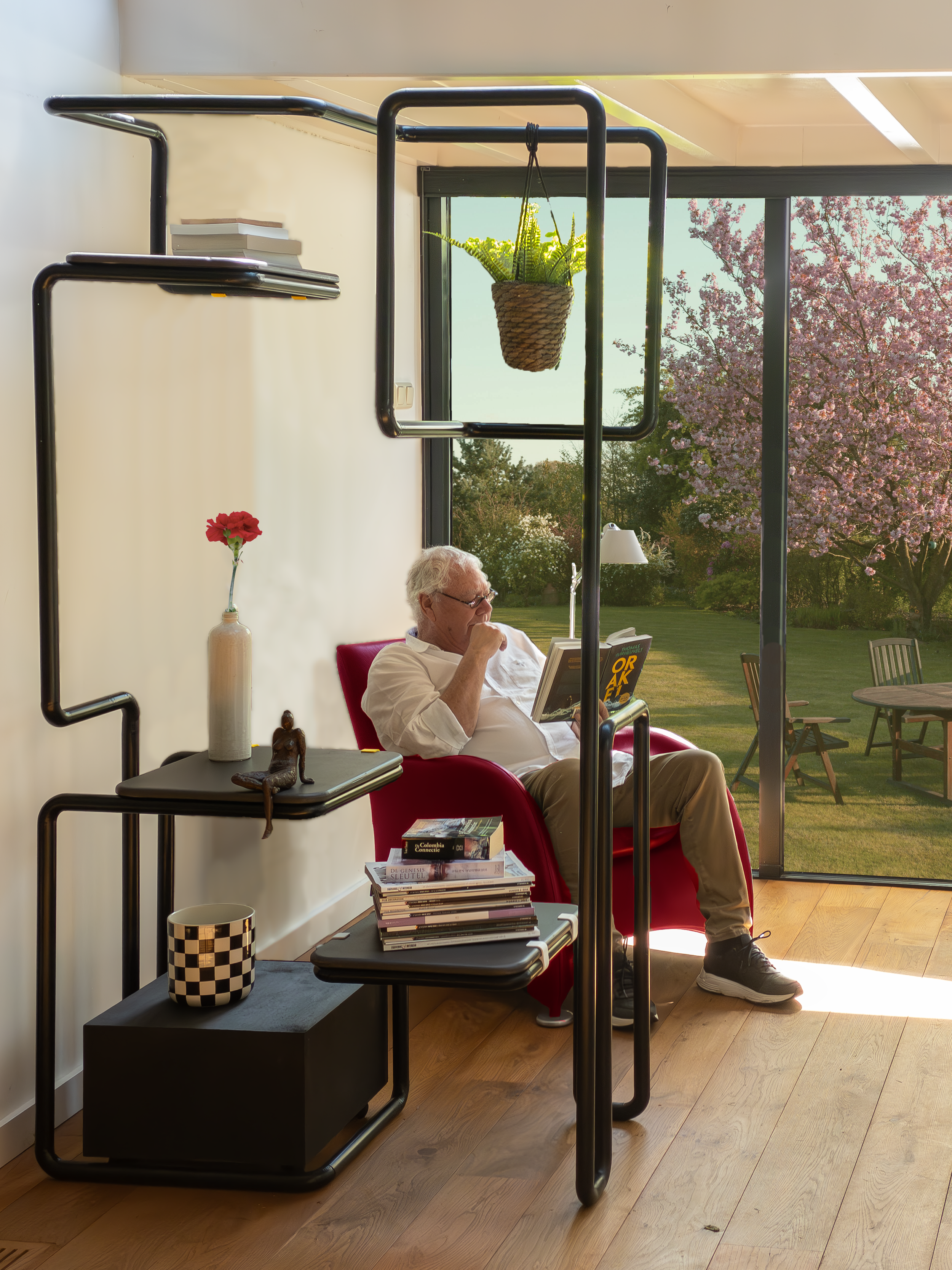 Restacked in space as room divider