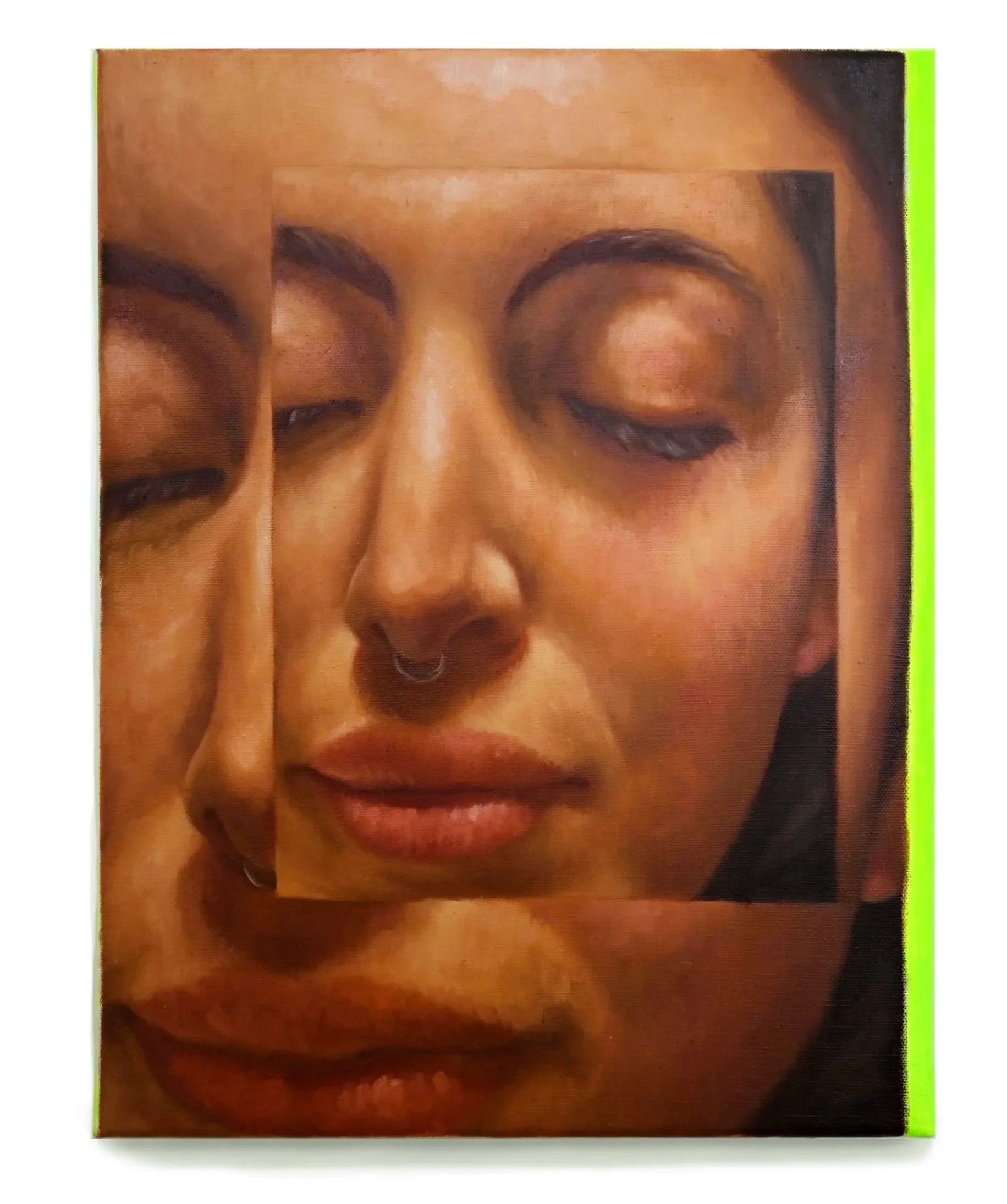 Close-up of a colorful painting of a woman's face with her eyes closed, partially covered by a smaller, overlapping image of her face, and featuring a vivid green border.