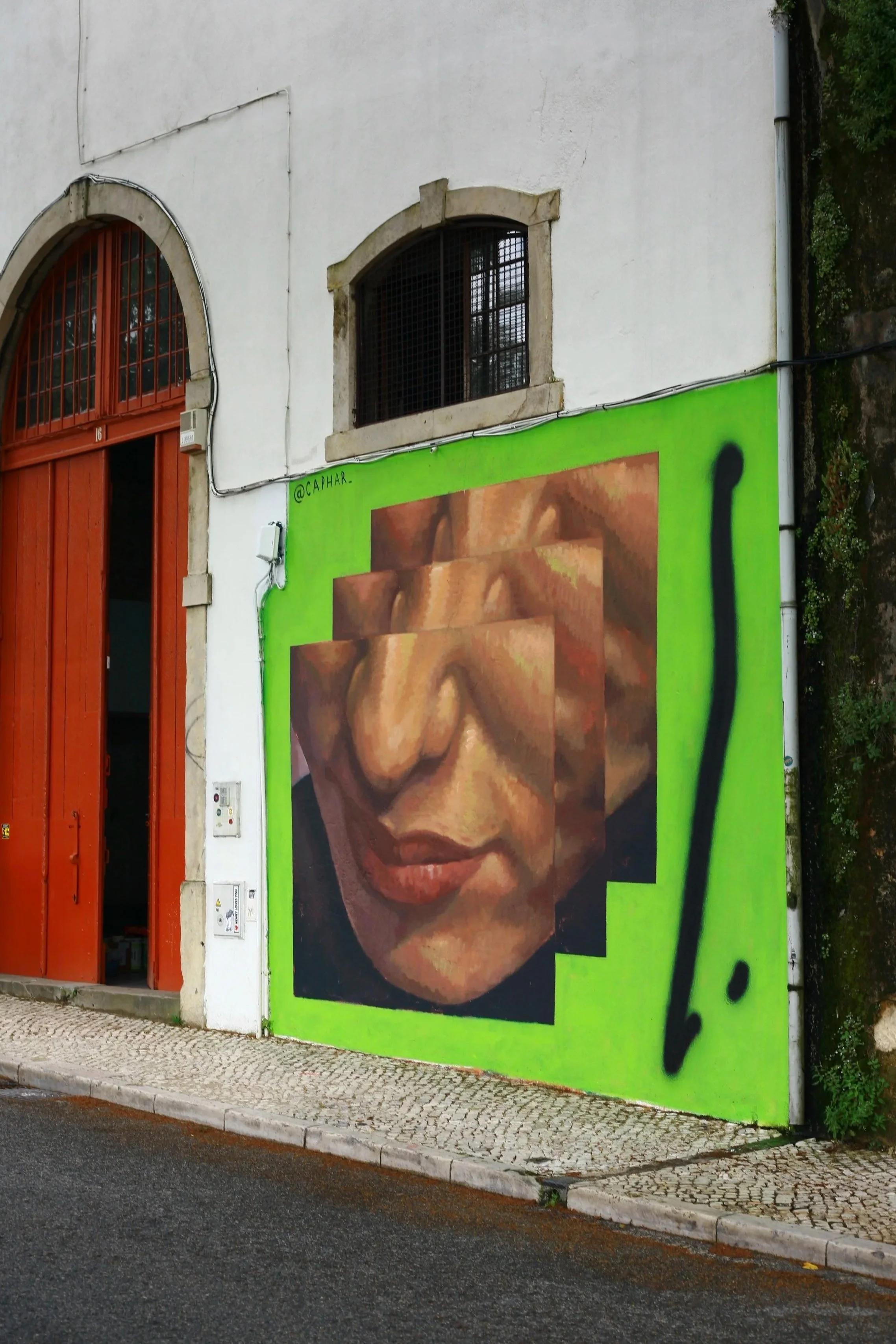 Street mural of a woman's face with closed eyes, painted on a building wall with a bright green background and black lines, near an orange door and windows.