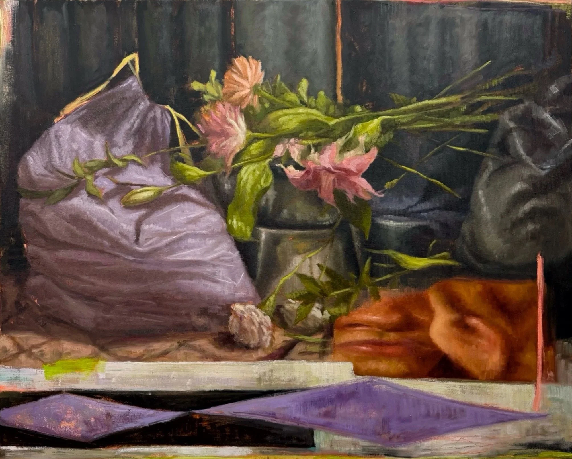 Still life painting of a purple purse, pink and purple flowers in a glass vase, a black bag, a wooden box, and a stack of papers on a surface with a dark background.