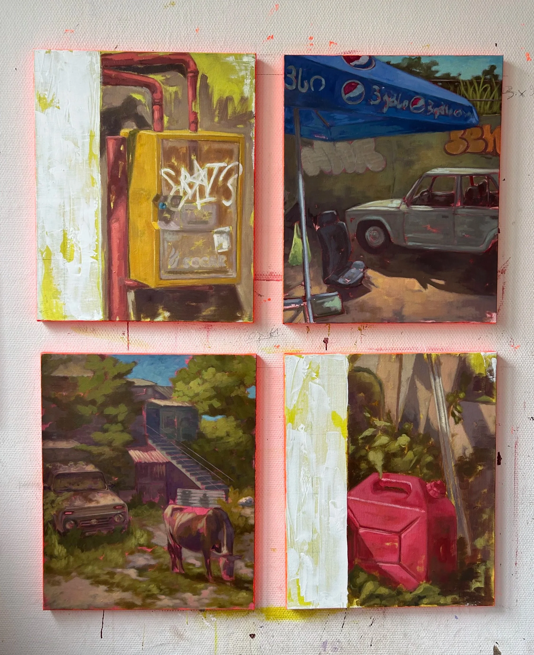 Four small paintings featuring street scenes and objects: the top left shows a yellow mailbox with graffiti, the top right depicts a car parked under a blue Pepsi canopy, the bottom left presents a countryside scene with a cow, an old vehicle, and a 