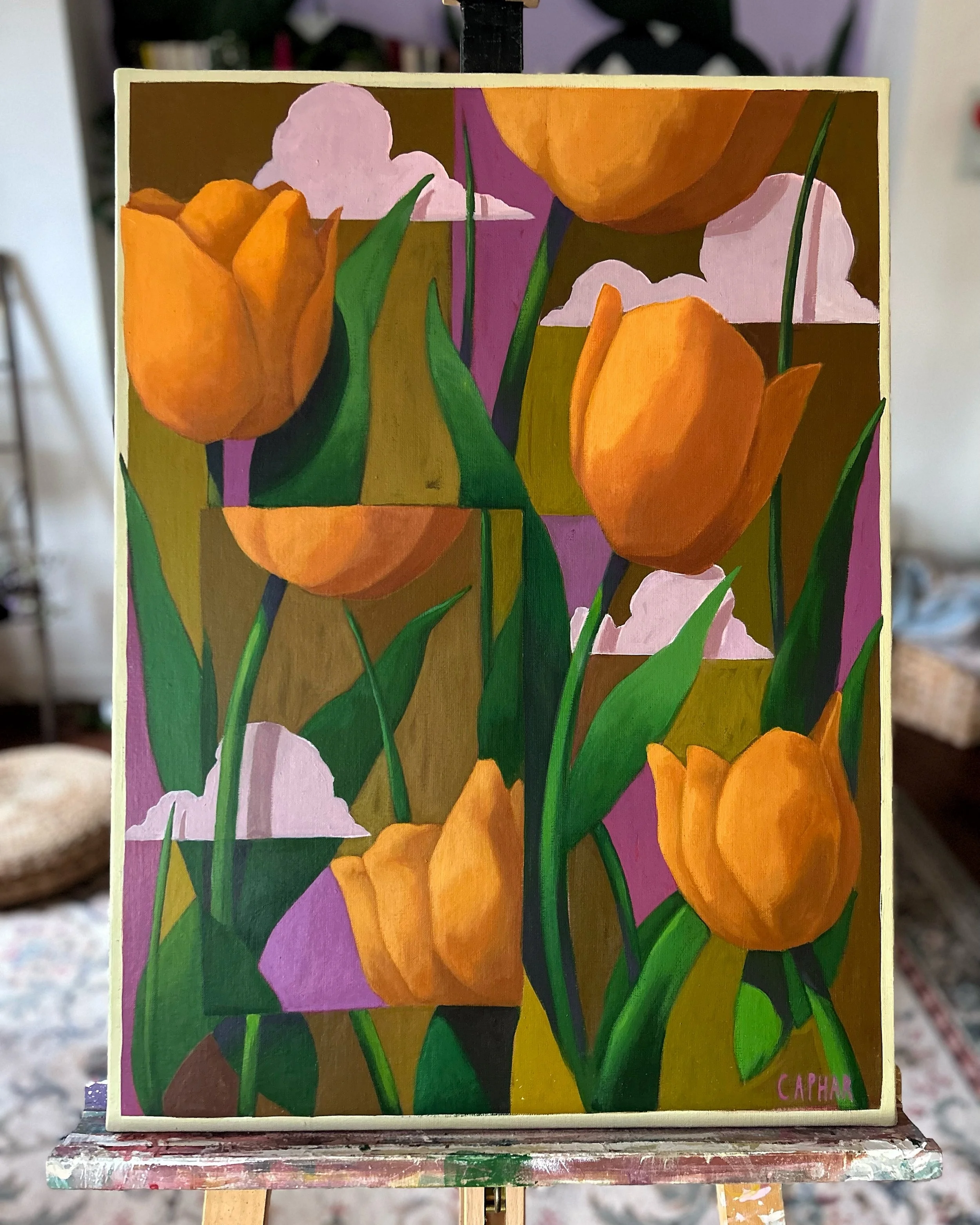A colorful painting of orange tulips with green stems and leaves, set against a background of abstract shapes and pastel clouds.