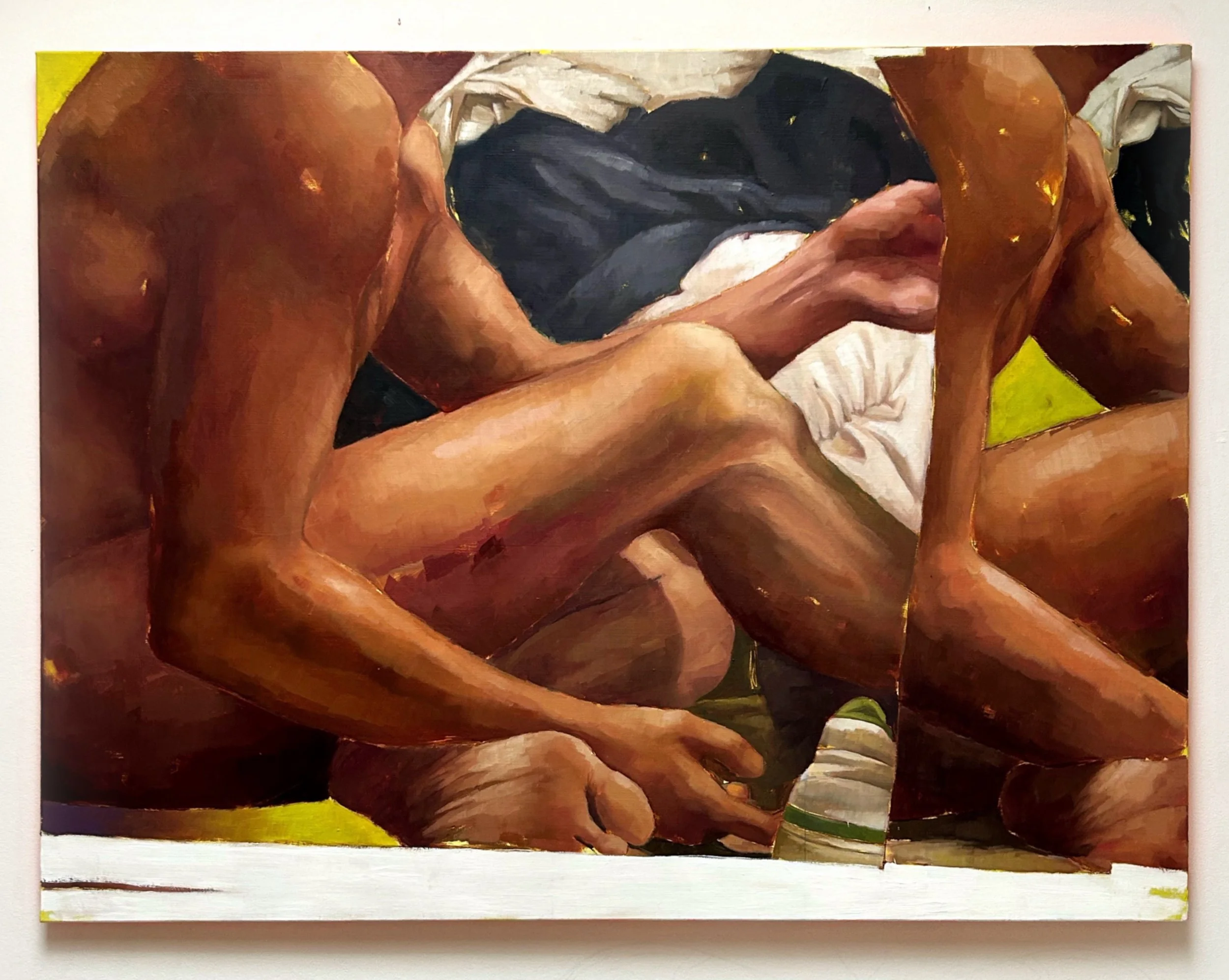 A fragmented painting of intertwined human bodies, mainly showing arms and legs with some skin tones and shadows, with a visible hand holding a smartphone.