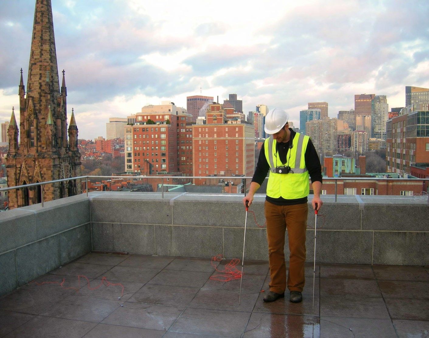 A man in a yellow safety vest and white hard hat standing on a rooftop with a city skyline in the background, holding test equipment connected to wires on the ground.