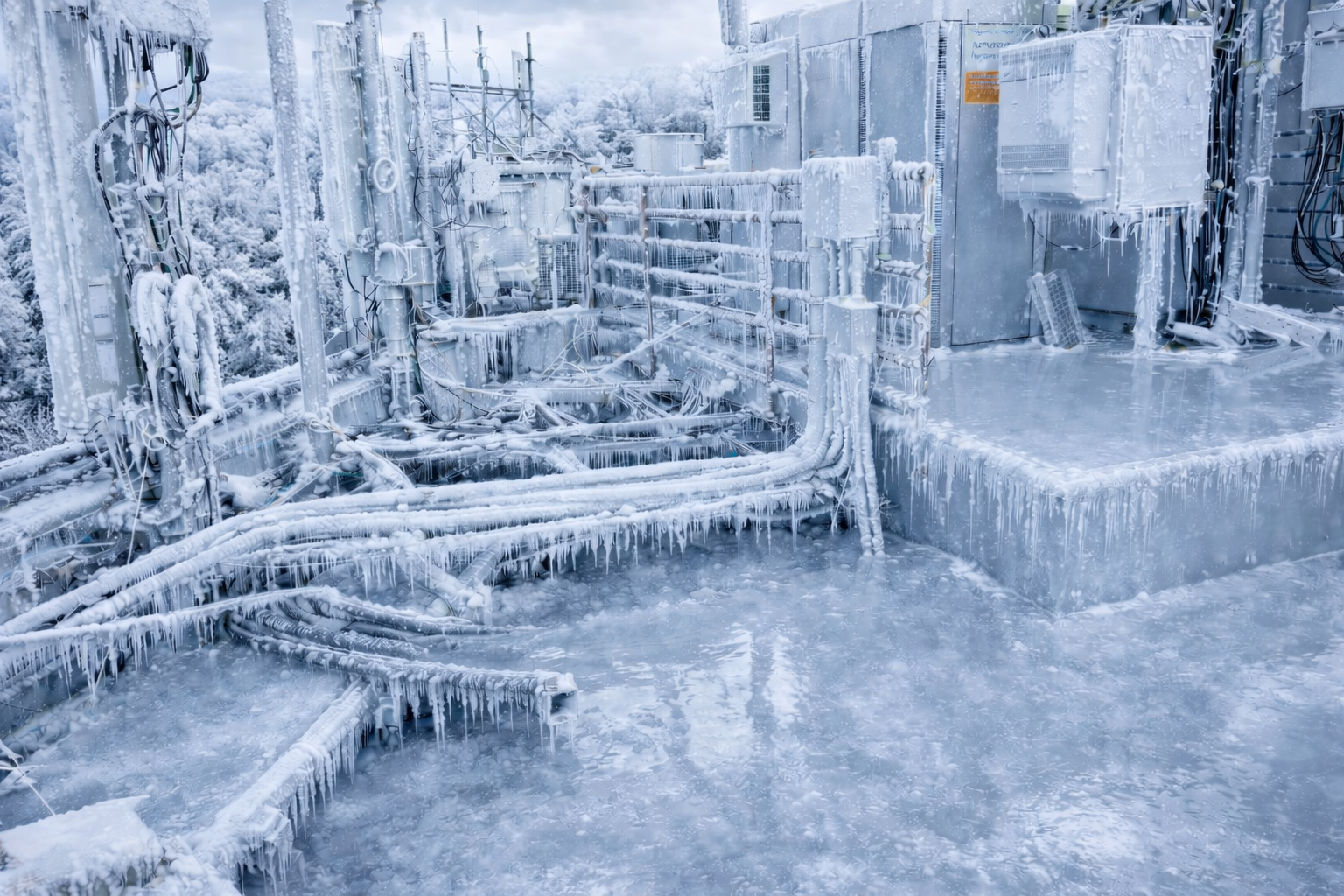 Frozen rooftop with ice-covered electrical equipment, wires, and surfaces in winter