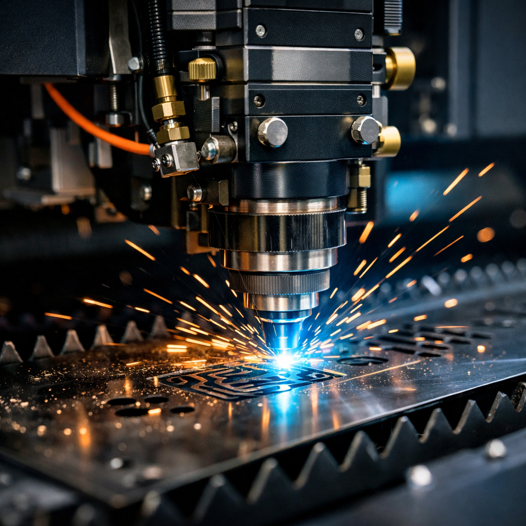 Laser cutting machine engraving a design onto metal, with sparks flying.