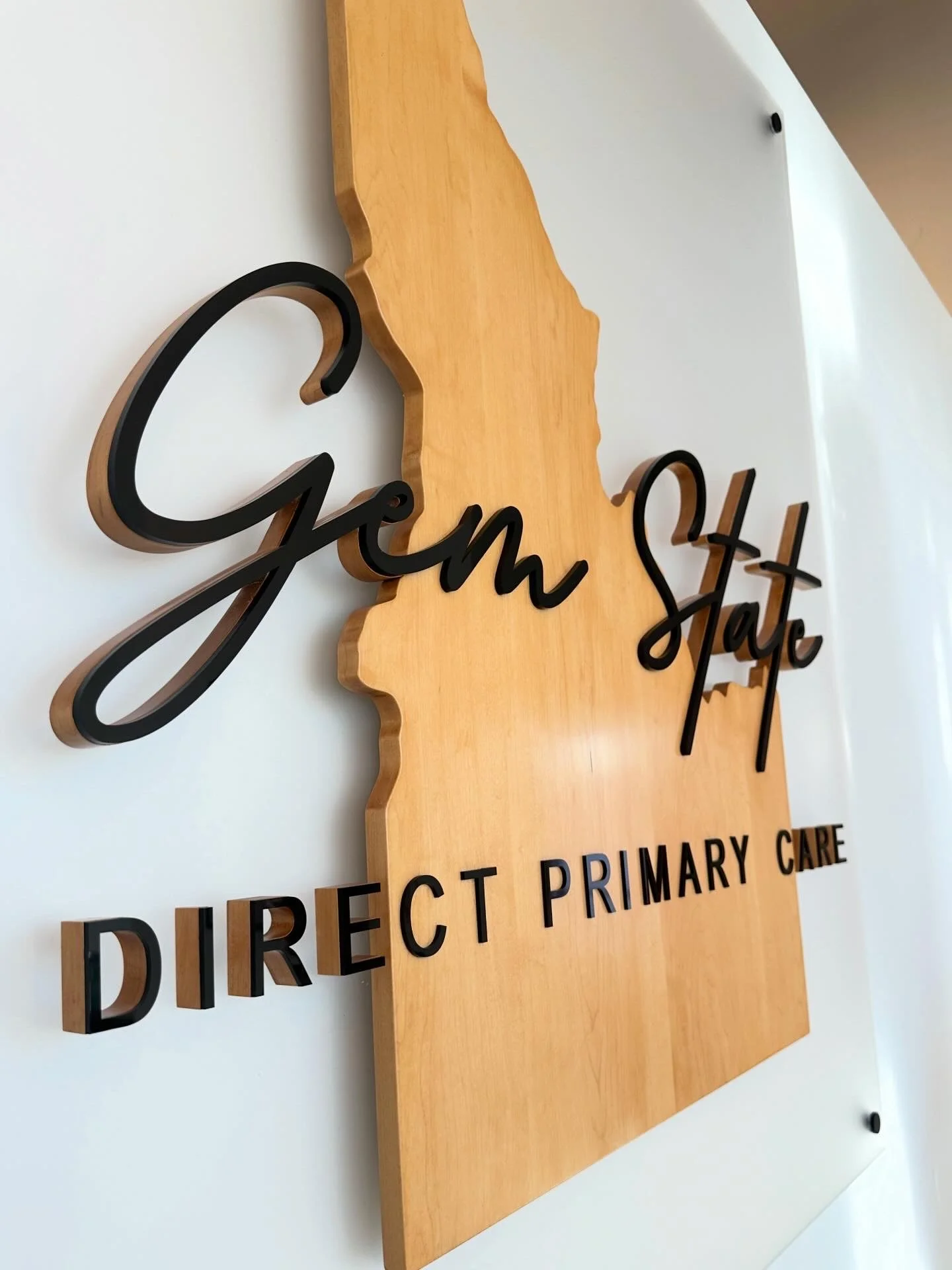 Sign with text 'Gene St. Joe' and 'Direct Primary Care' mounted on a wall, with a wooden outline of the state of Michigan.