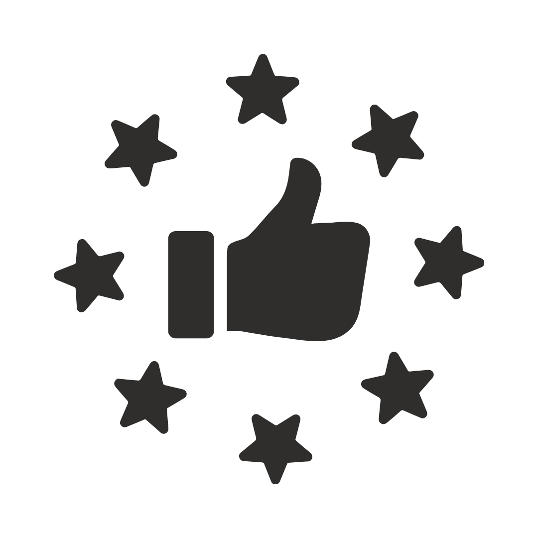 Thumbs-up icon surrounded by stars.