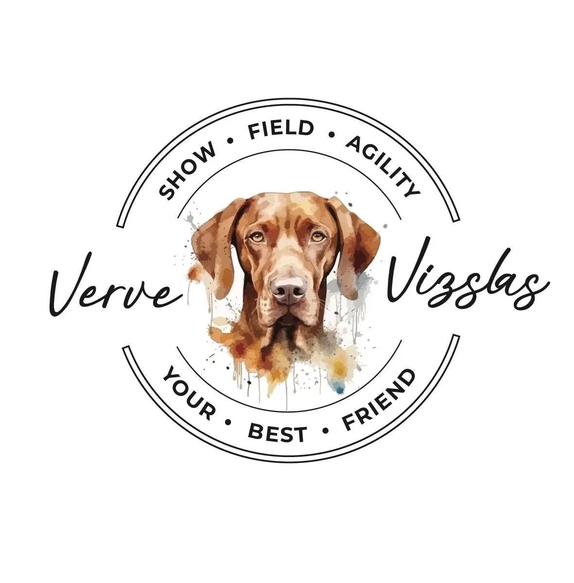 A logo featuring a watercolor-style illustration of a dog's face at the center, with text around and across it. The text includes words like 'Show', 'Field', 'Agility', 'Your', 'Best', 'Friend', 'Verve', 'Vizos,' and phrases like 'Your Best Friend' and 'Show Field Agility'.
