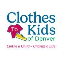 Logo for Clothes to Kids of Denver - blue and green font, red t-shirt, and yellow shoe