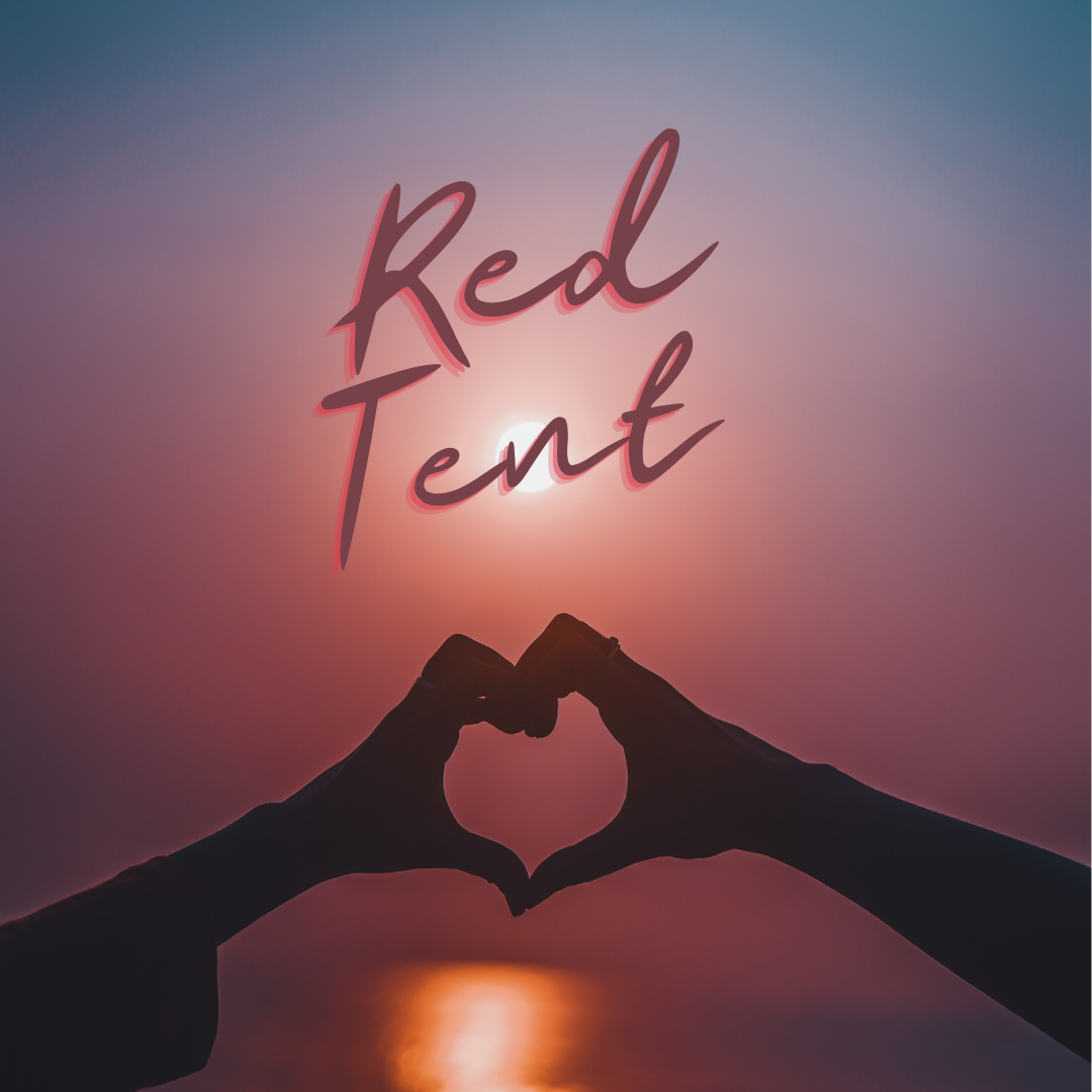 Photo of two hands together forming a heart on the beach with a vibrant sunset in the background Text says Red Tent