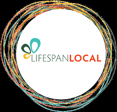 Lifespan Local Logo - Blue and red font, yellow, green, and teal abstract leaves