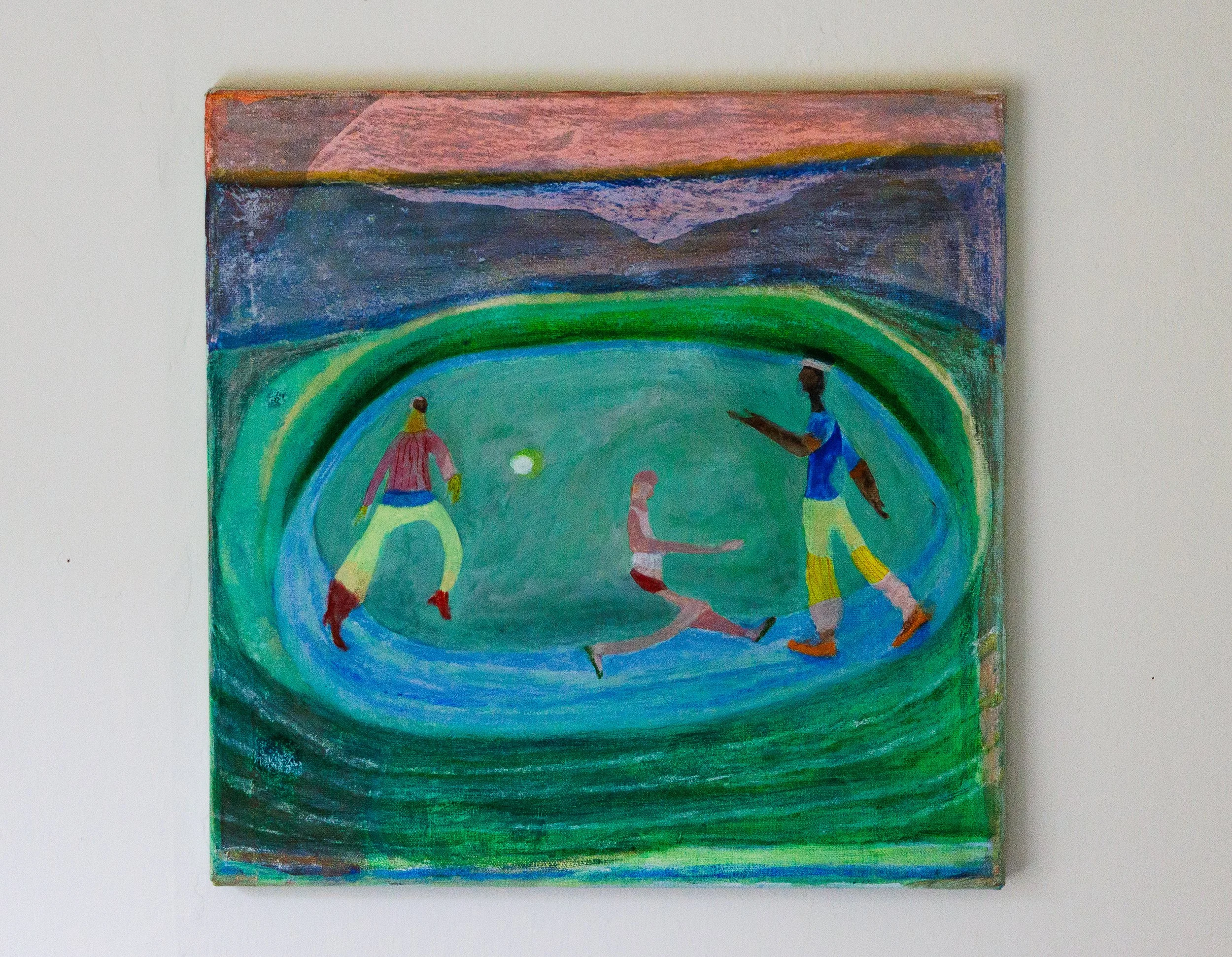 In the mountains the soccer ball dances | acrylic on canvas | 16 x 16