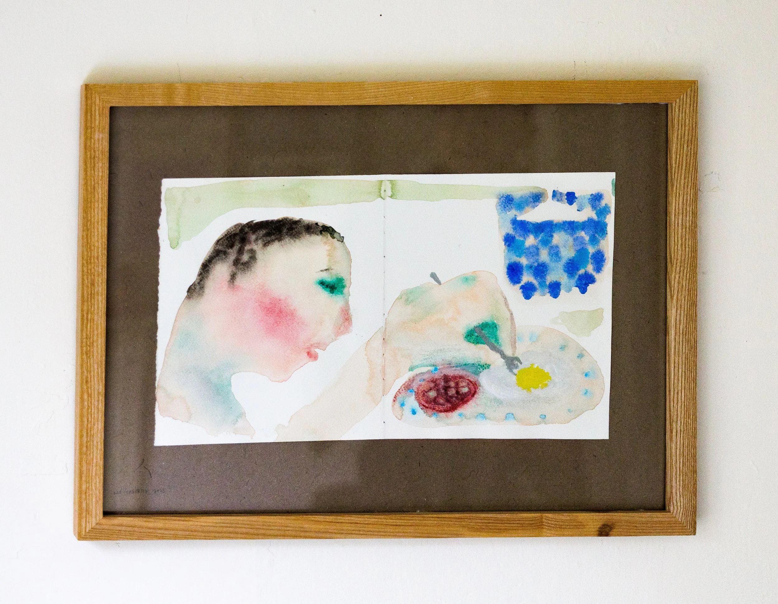 I will exist in this seat at Onnno Loncheria for the next 10 years  | acrylic on paper | 14 x 9, framed 18 x 14