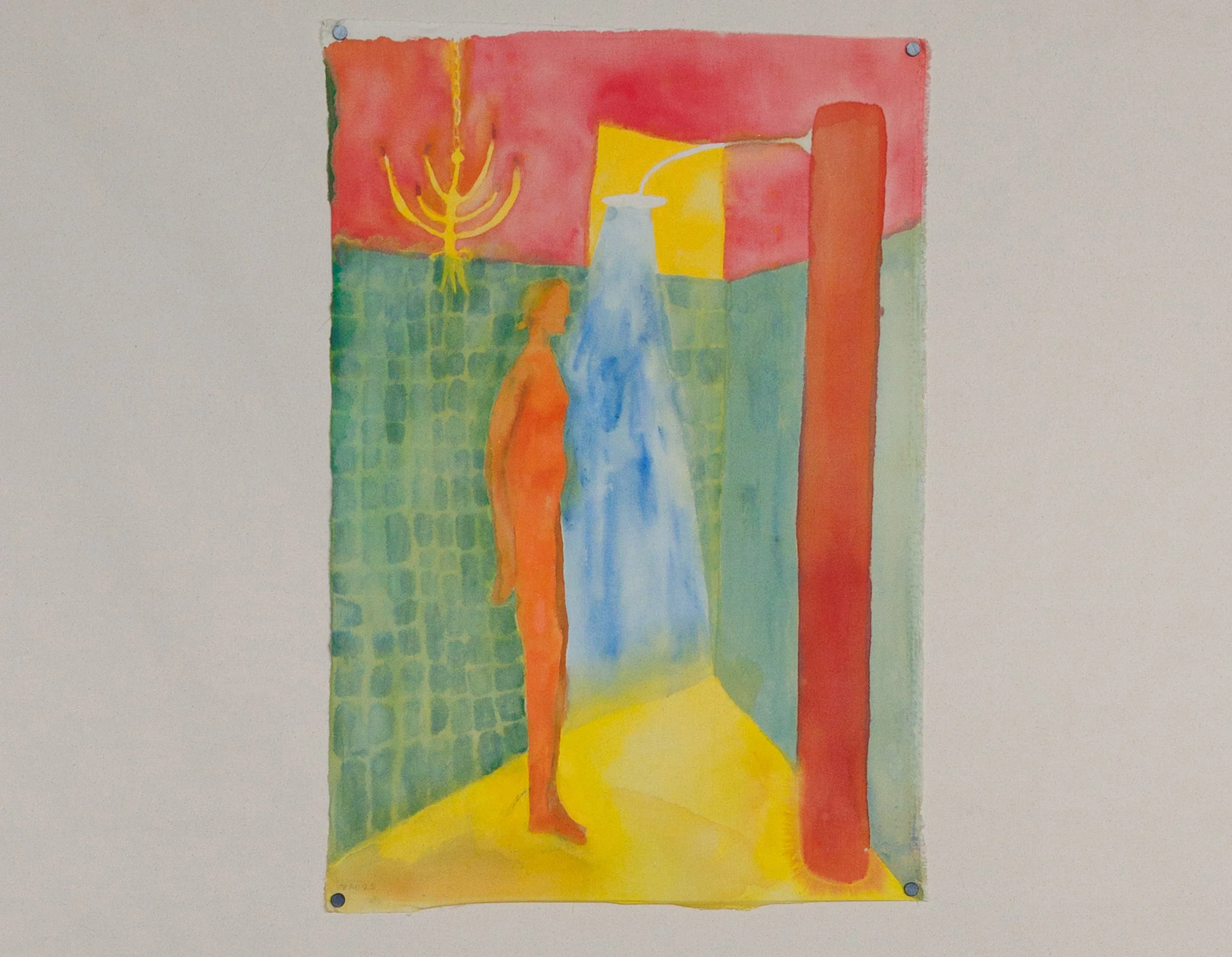 Figure in Shower | 20" x 30" gouache, cotton | 2025
