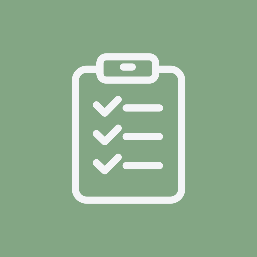Icon of a clipboard with a checklist and checkmarks on a green background.
