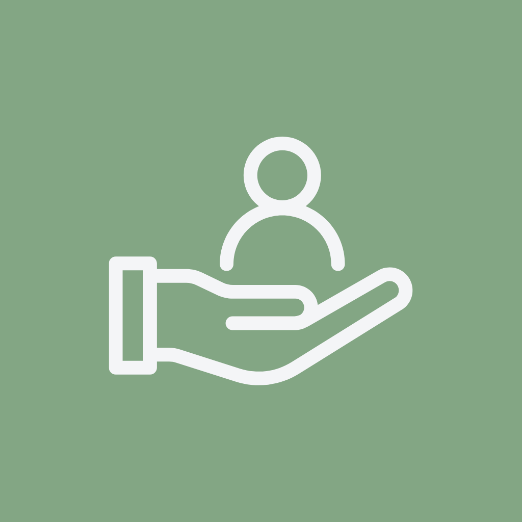 Outline icon of a hand supporting a person on a green background.