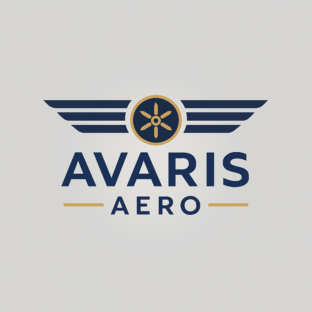 Logo for Avaris Aero with a stylized winged wheel emblem and navy blue and gold color scheme.