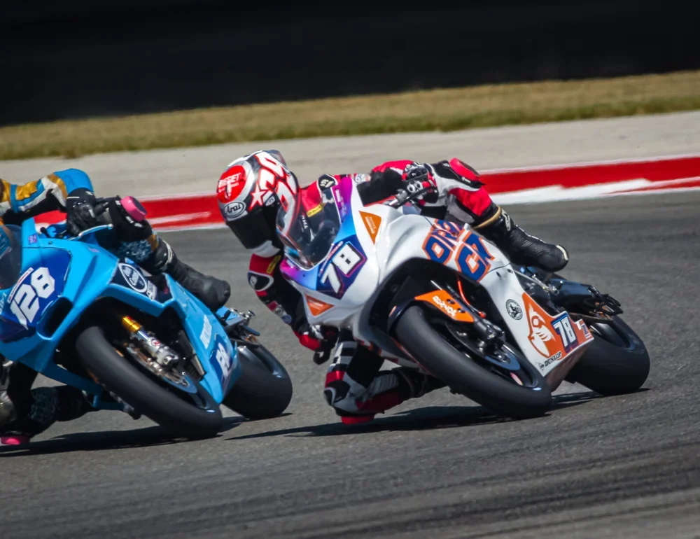 Mikayla Moore riding the OrangeCat Racing Yamaha R7 during MotoAmerica Twins Cup racing at Circuit of the Americas.