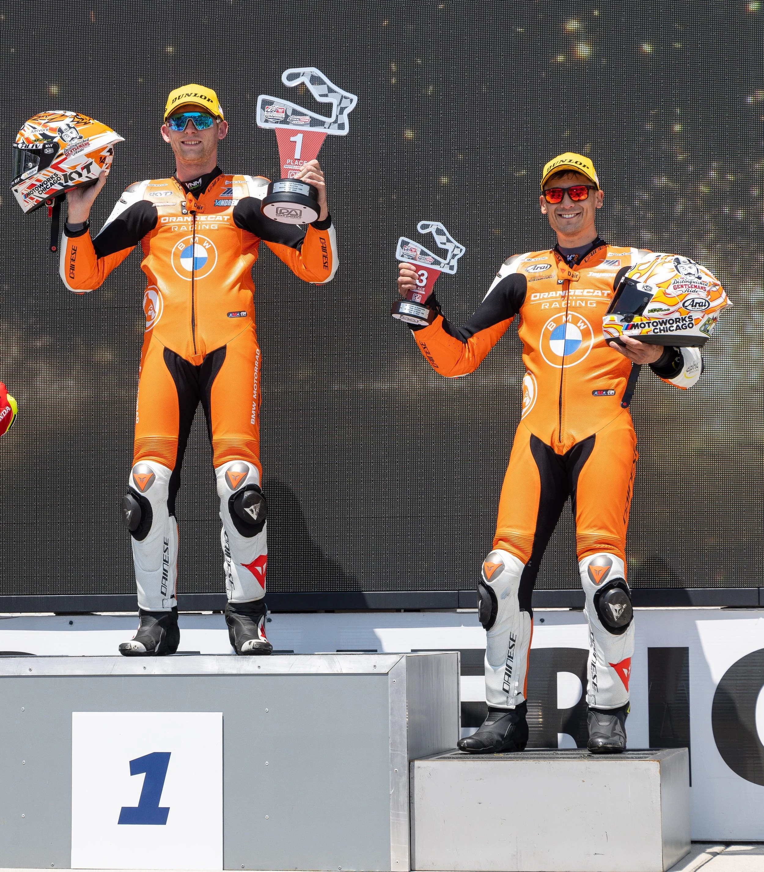 Andrew Lee (1st) and Jayson Uribe (3rd) celebrate on the MotoAmerica Stock 1000 podium at Road America, May 31, 2025.