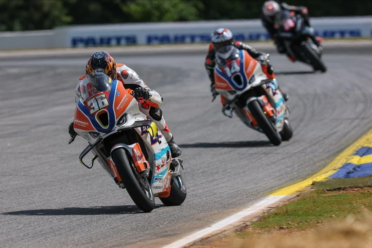 OrangeCat Racing riders Jayson Uribe (36) and Andrew Lee (14) racing in the 2025 MotoAmerica Stock 1000 season opener at Road Atlanta.