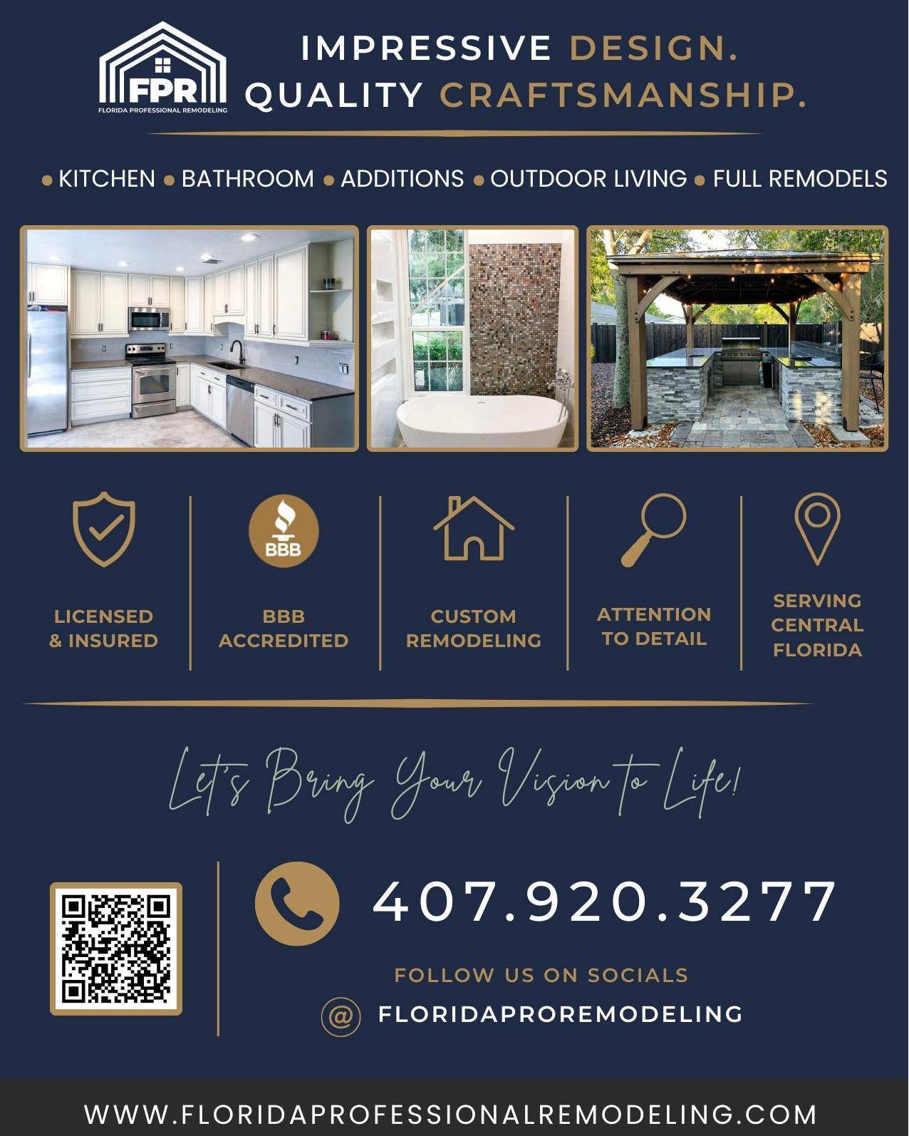 Your home should work for the way you live.

Whether you're dreaming of a kitchen remodel, bathroom renovation, home addition, outdoor living space, or a complete home transformation, Florida Professional Remodeling brings quality craftsmanship and a