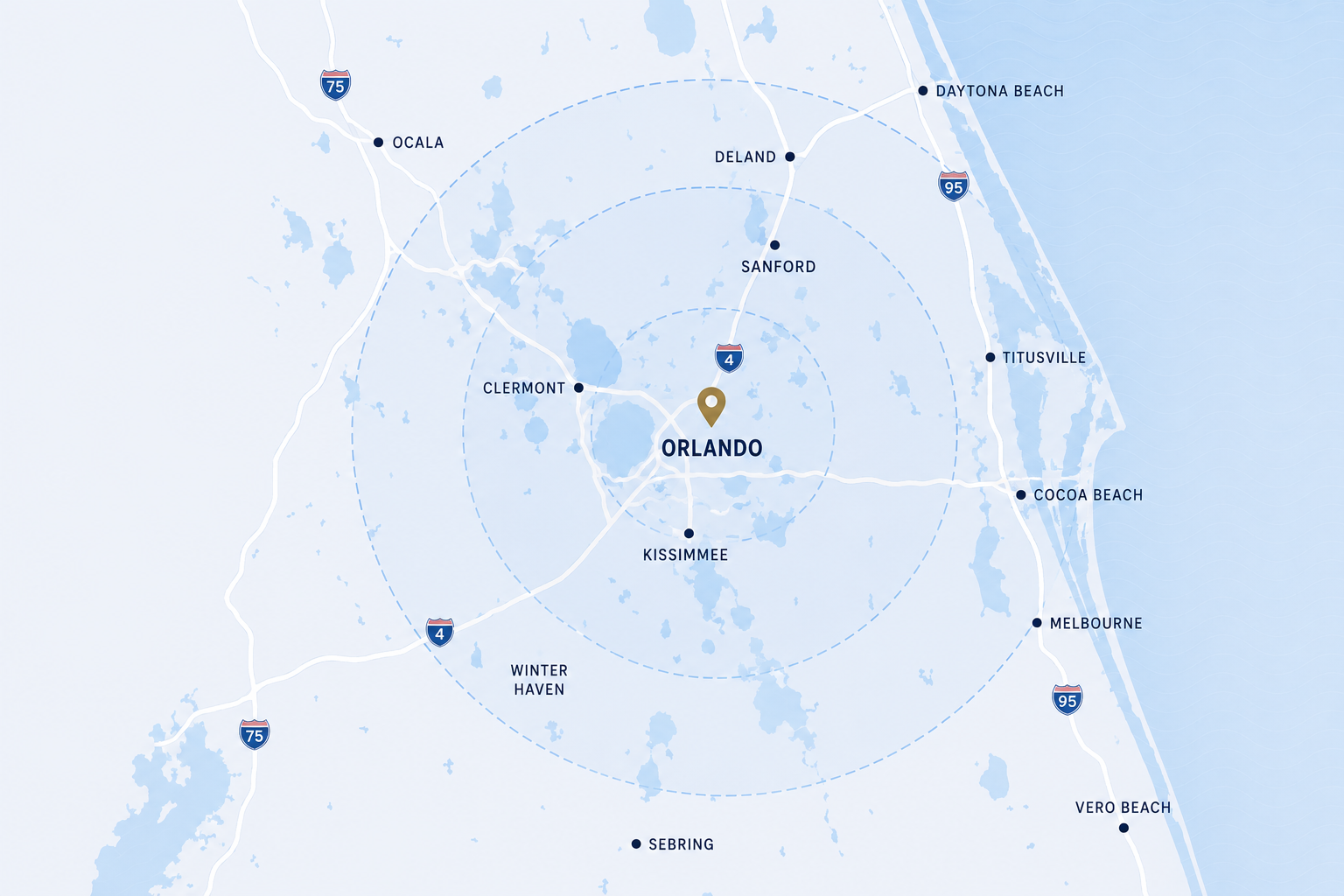 Central Florida remodeling service area map featuring Orlando, Winter Park, Windermere, Lake Nona, Winter Garden, Celebration, and surrounding communities served by Florida Professional Remodeling.