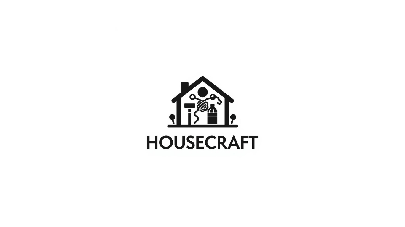 Logo with a house outline containing tools, and the text 'HOUSECRAFT' beneath.
