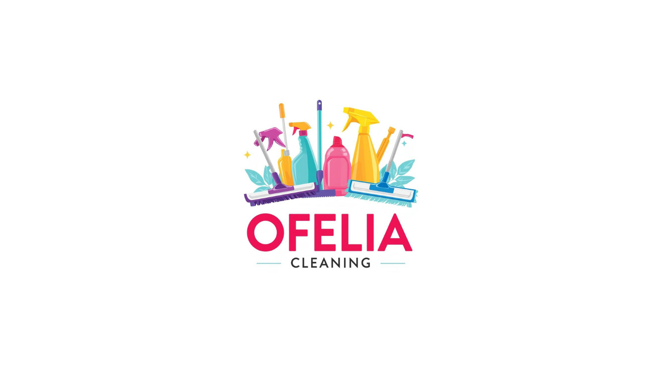 A logo for Ofelia Cleaning featuring illustrated cleaning supplies like spray bottles, mops, and leaves with the text "Ofelia Cleaning" in bold pink and black fonts.