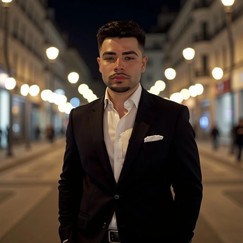 Young man in a black suit and white shirt standing on a city street at night with blurred streetlights and buildings in the background.