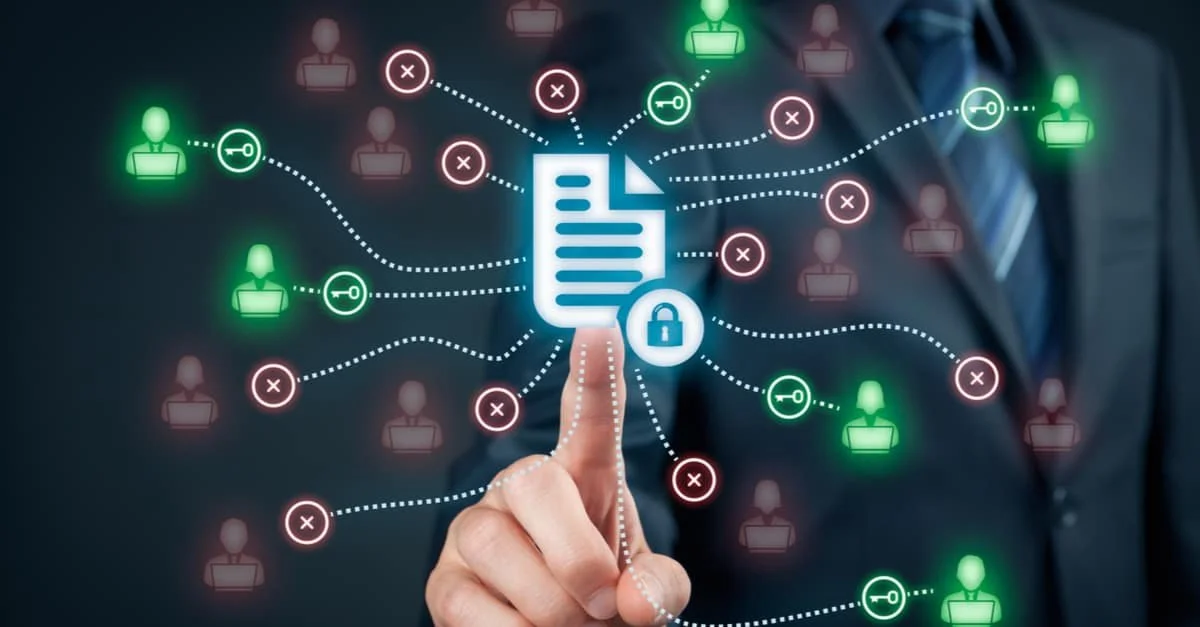 A person in business attire touching a virtual document icon with a lock on it, symbolizing cybersecurity or data protection, with various connected icons representing people, keys, and locks in green and red.