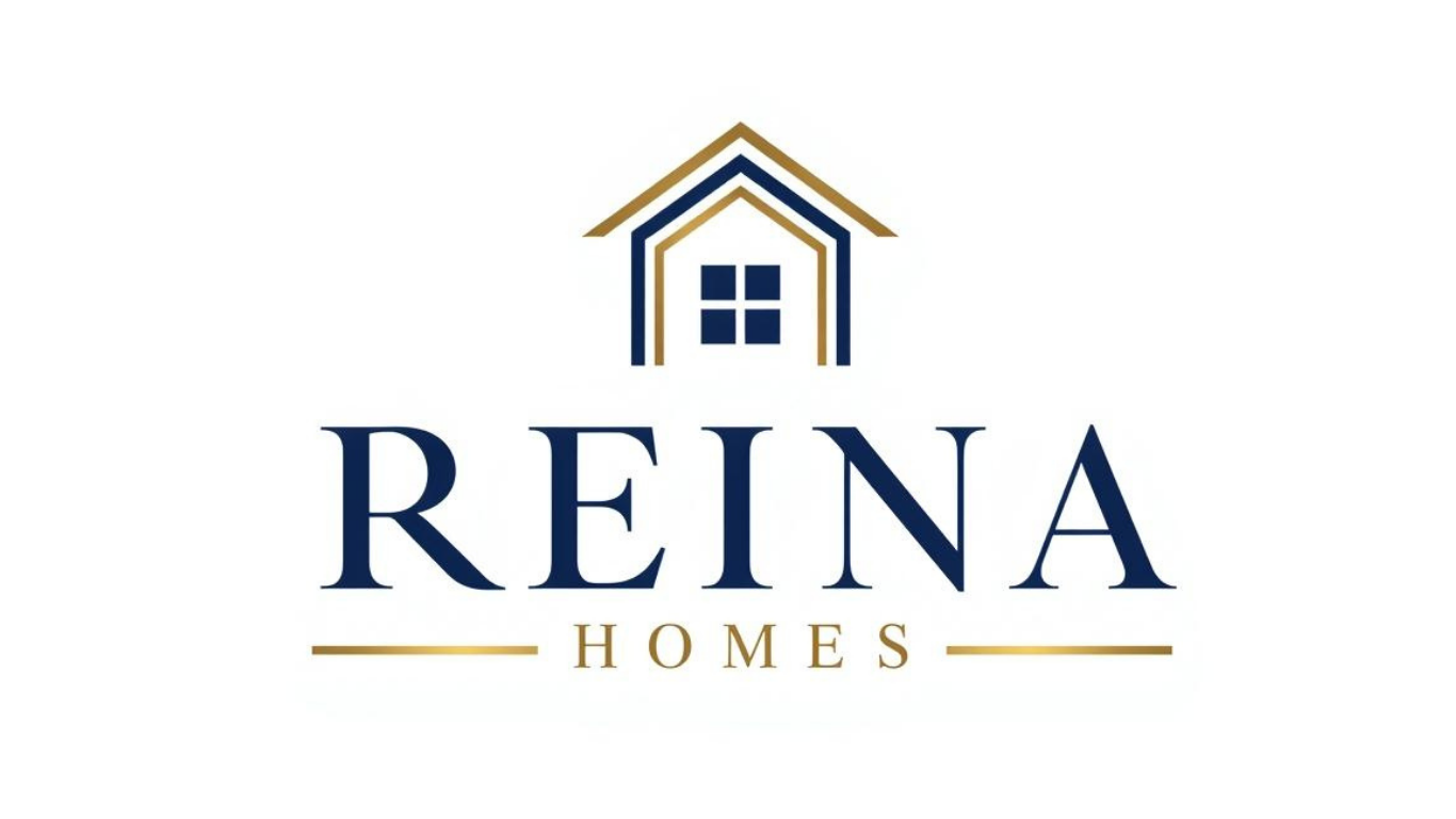 Logo for Reina Homes featuring a stylized house above the company name written in navy and gold colors.