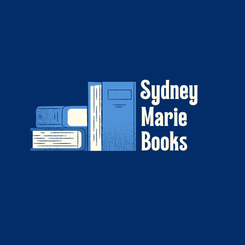 Logo for Sydney Marie Books featuring a graphic of stacked and upright books on a dark blue background.