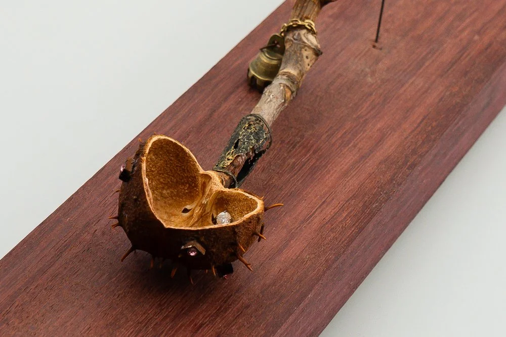  I'm Hungry ( Food Insufficiency) Horse Chestnut,  Wood, Copper, Brass, SImulated gem stones 5"
