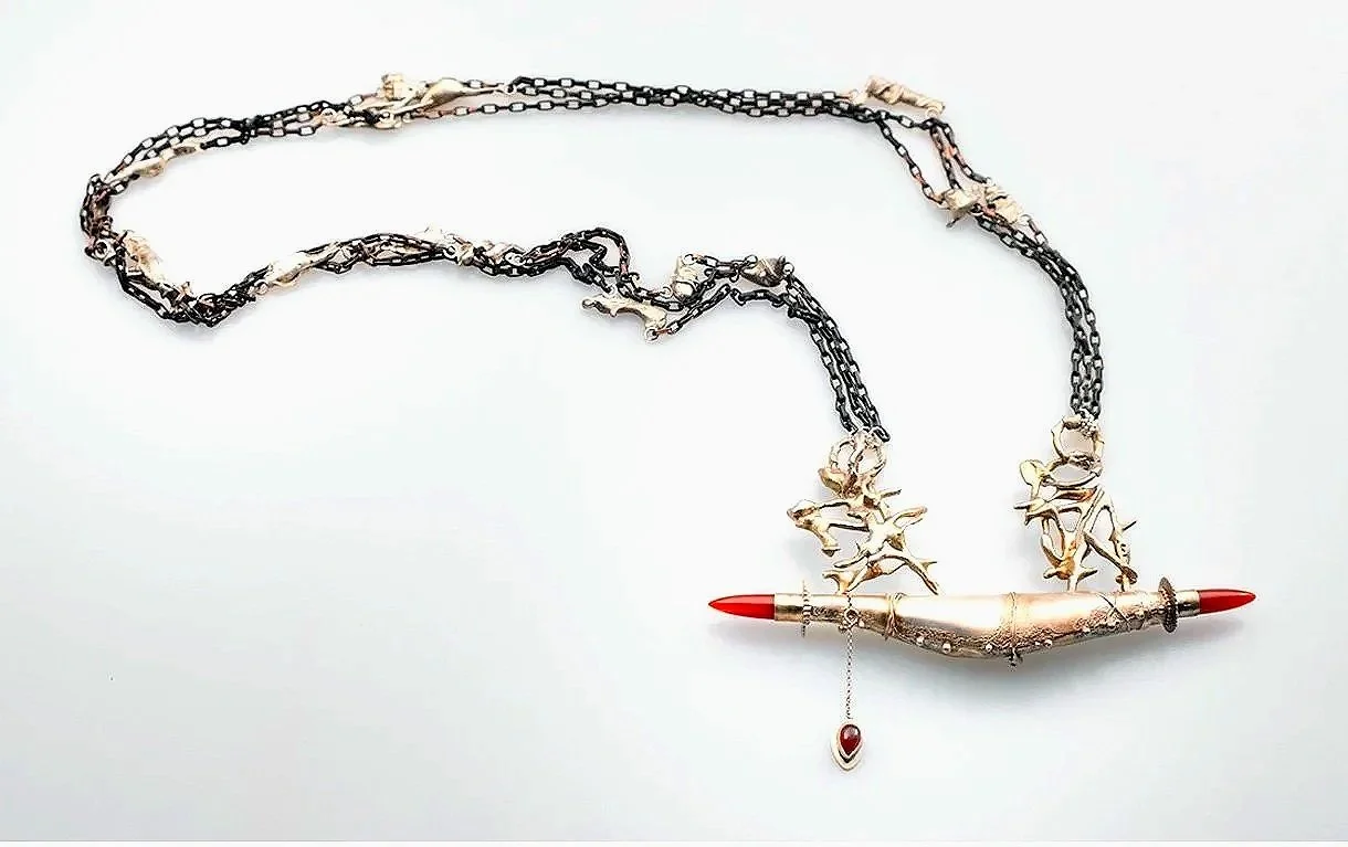  "Adorned but Not Free" Neckpiece, Argentium Silver, Steel, Fine Silver, Carnelian, and Garnet. (24" x 4")