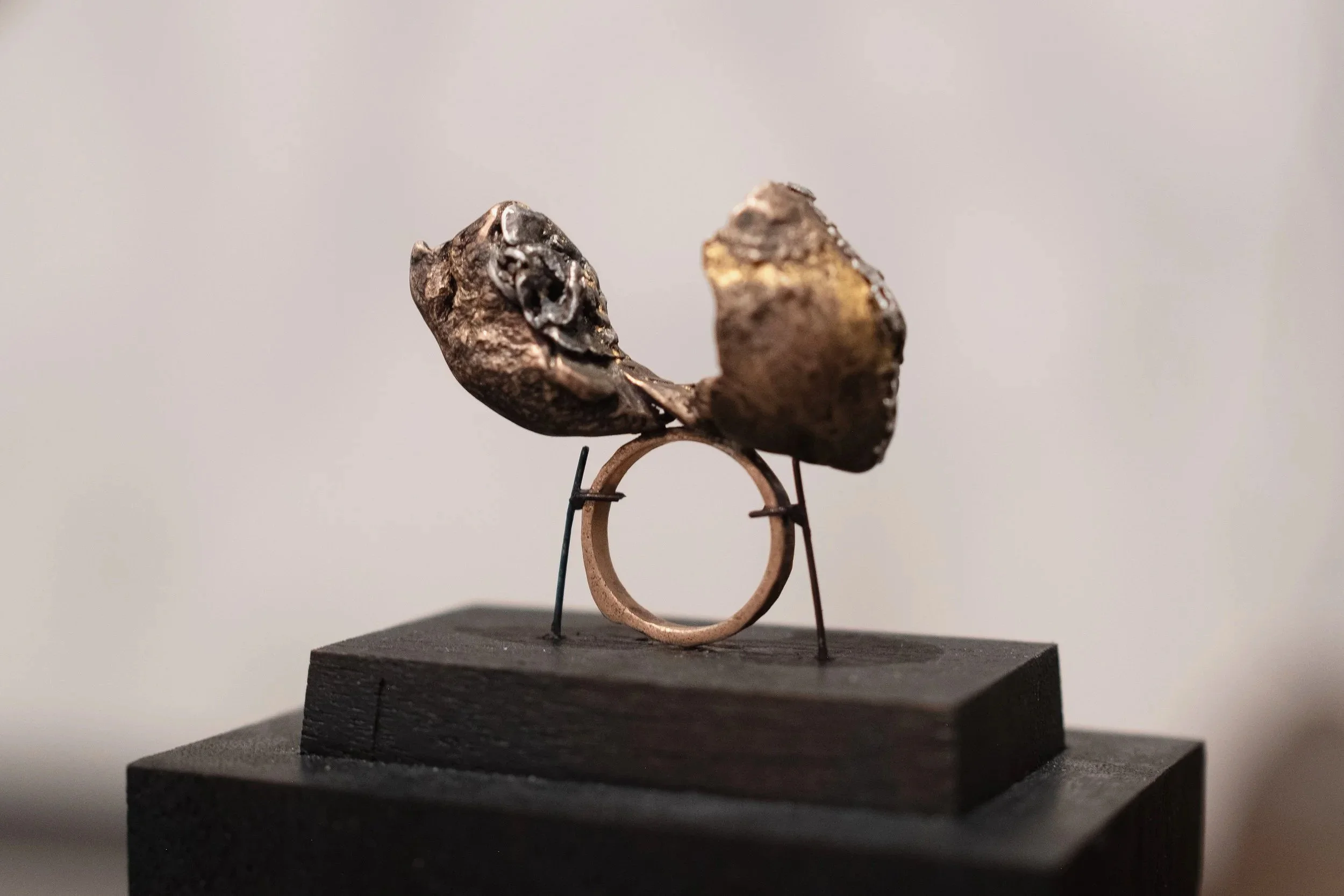 "Hiding Secrets Within" Bronze Cast/Fabrication, Fine Silver, and Amethyst.