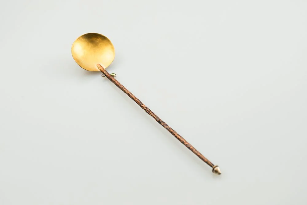 Whiskey SPOON- Etched Cooper, peridot,  amythest 8"