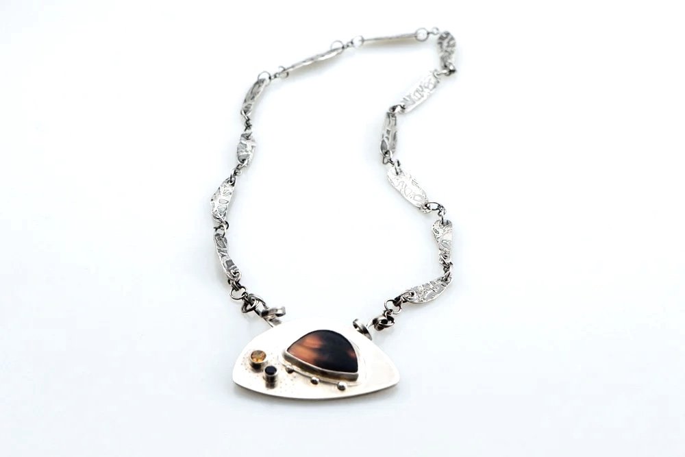 SECRETS III Neckpiece Sterling Silver, Tiger Eye, Citrine, Smokey Quartz Stones (24” x 2.5”)