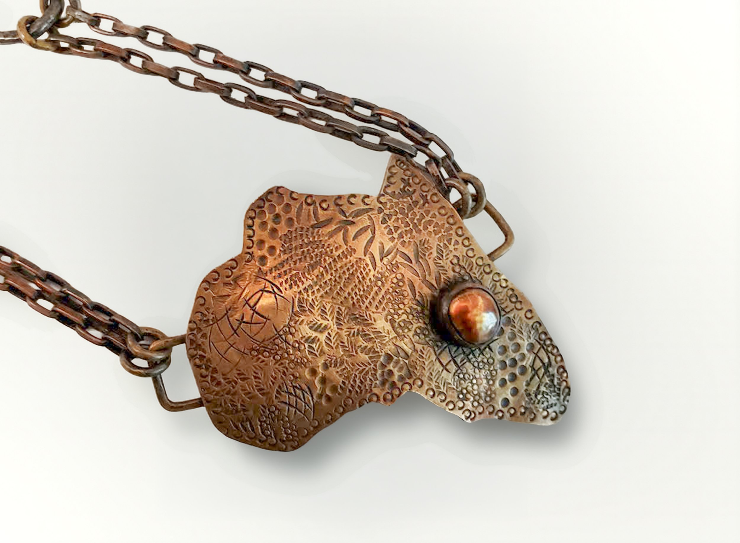 "Ancestral" Copper, Silver, Garnet (2" x 3") Pendant