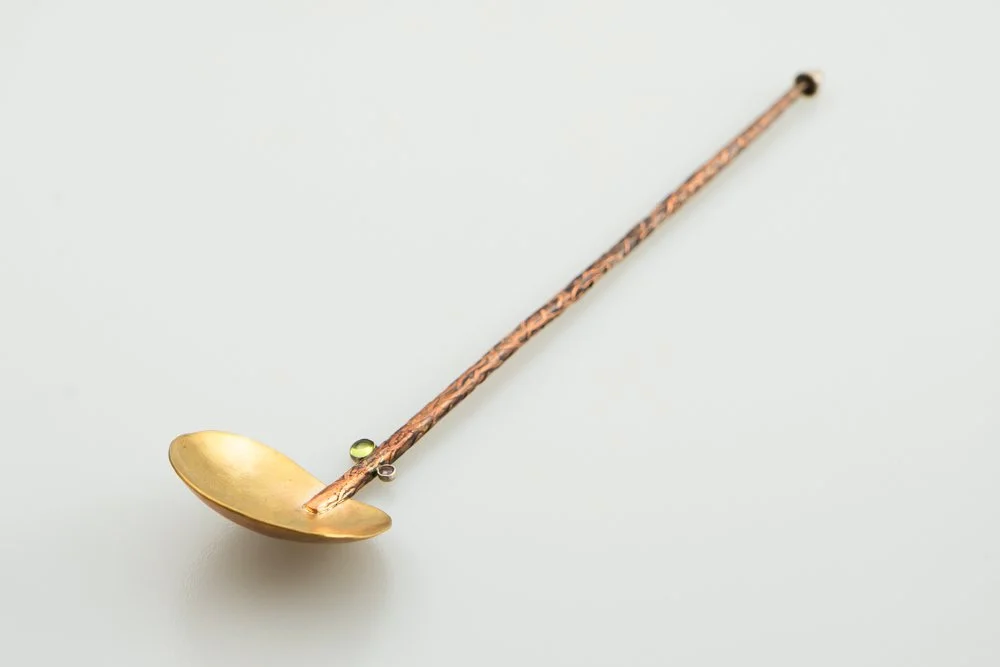 Whiskey SPOON- Etched Cooper, peridot,  amythest 8"