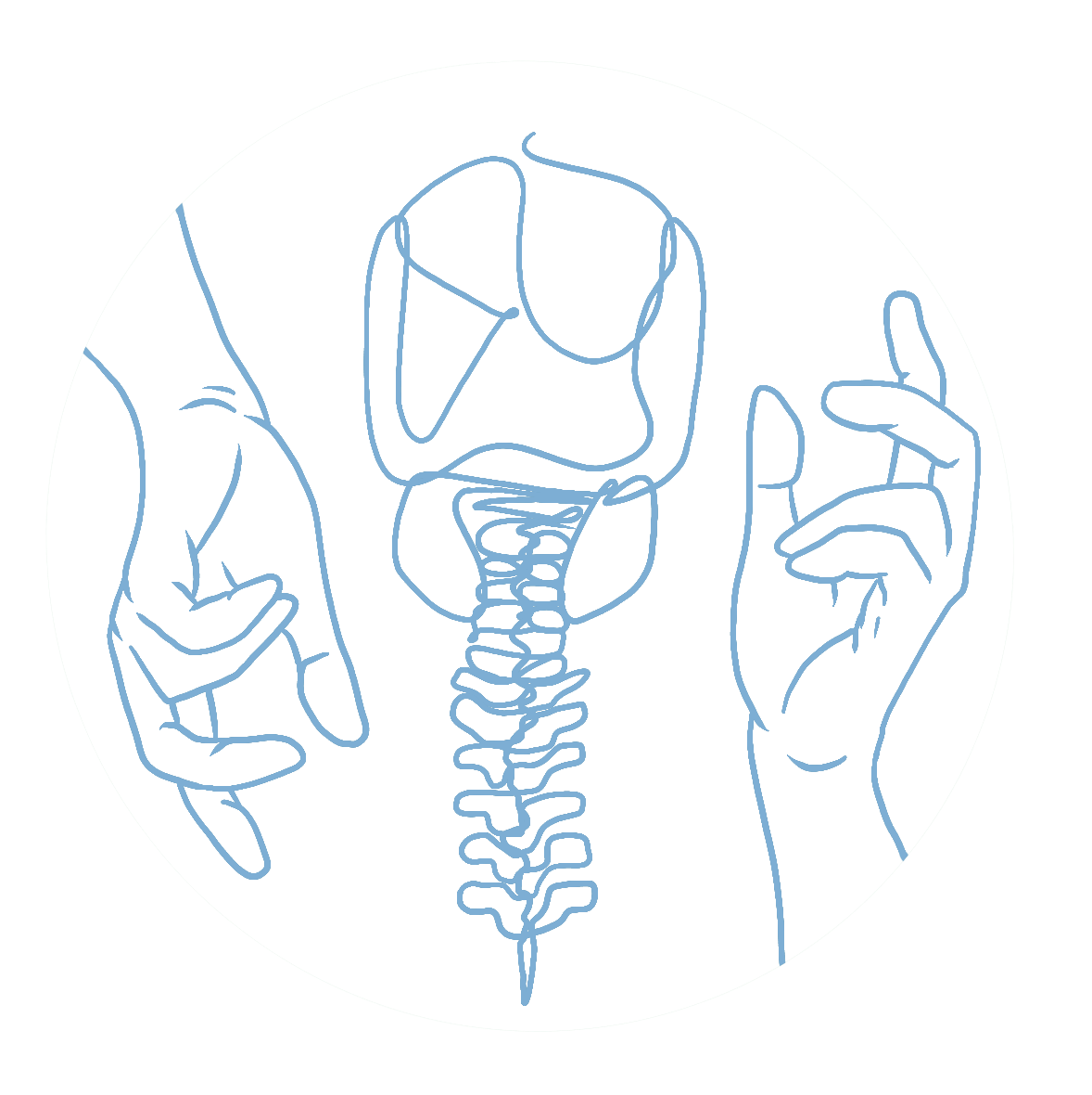 Illustration: Hände an Kopf und Wirbelsäule – Osteopathie bei allgemeinen Beschwerden
