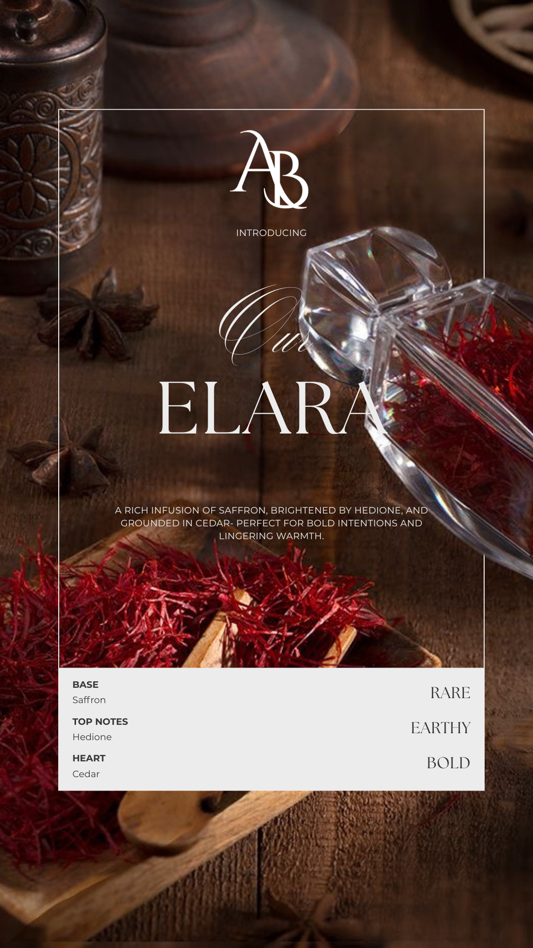 Graphic promoting Pure Elara saffron with a background of a wooden table, star anise, a glass container with red saffron threads, and a small wooden tray with saffron strands. The text highlights saffron's qualities and flavor notes.