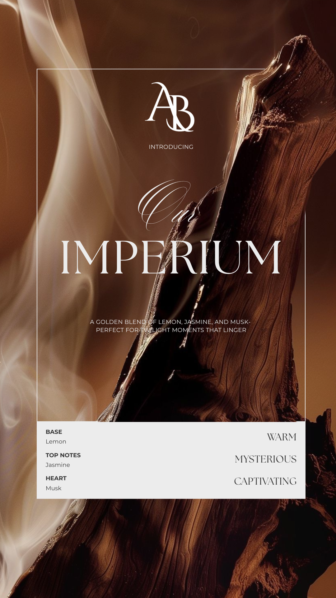 Promotional graphic for 'Imperium' fragrance featuring a dark, smoky background with a piece of wood and smoke, and text describing the scent with lemon, jasmine, and musk notes.